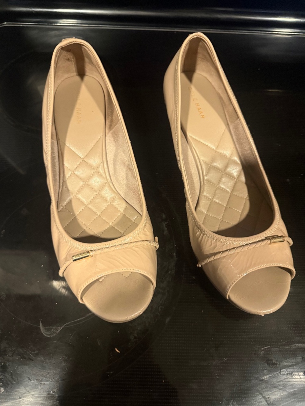 Cole Haan Nude Patent Leather Peep Toe Wedge Pumps Sz 10